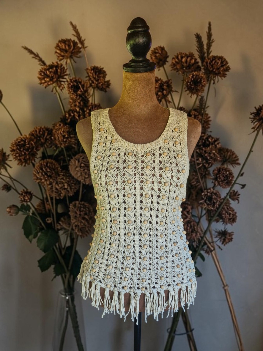 House of Harlow 1960 Cream Crochet Fringe Tank